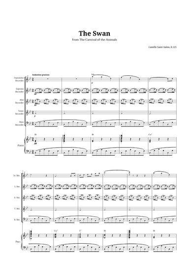 The Swan by Saint-Saëns for Recorder Quintet and Piano with Chords (arr. Langanho)