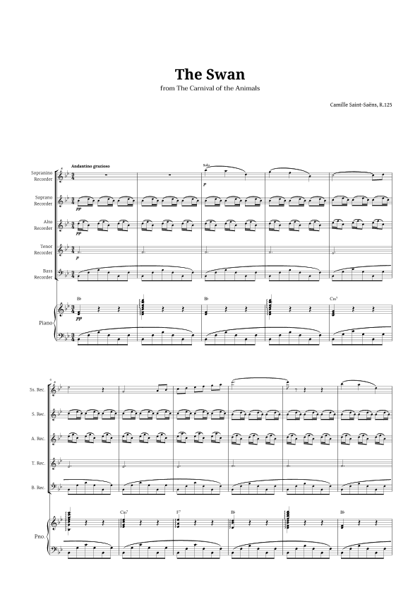 The Swan by Saint-Saëns for Recorder Quintet and Piano with Chords (arr. Langanho)