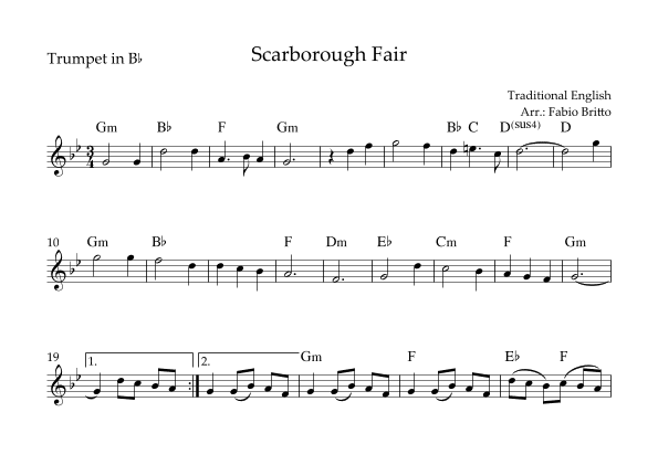 Scarborough Fair for Trumpet in Bb Solo with Chords (arr. Fabio Britto)