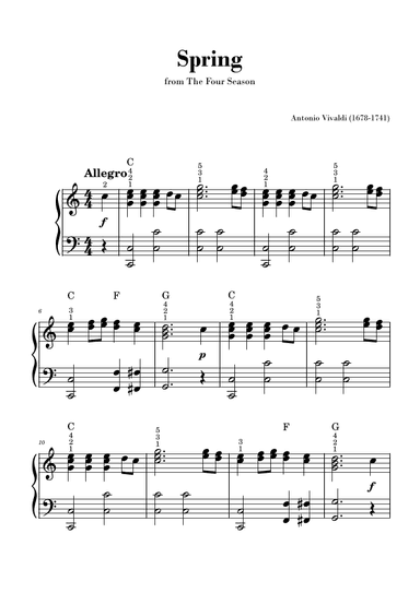 Spring from 'The Four Seasons' by Vivaldi - Intermadiate Piano and Chords (arr. Gisele Sant'Ana)