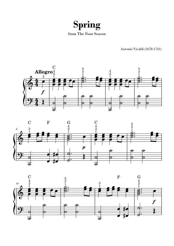 Spring from 'The Four Seasons' by Vivaldi - Intermadiate Piano and Chords (arr. Gisele Sant'Ana)