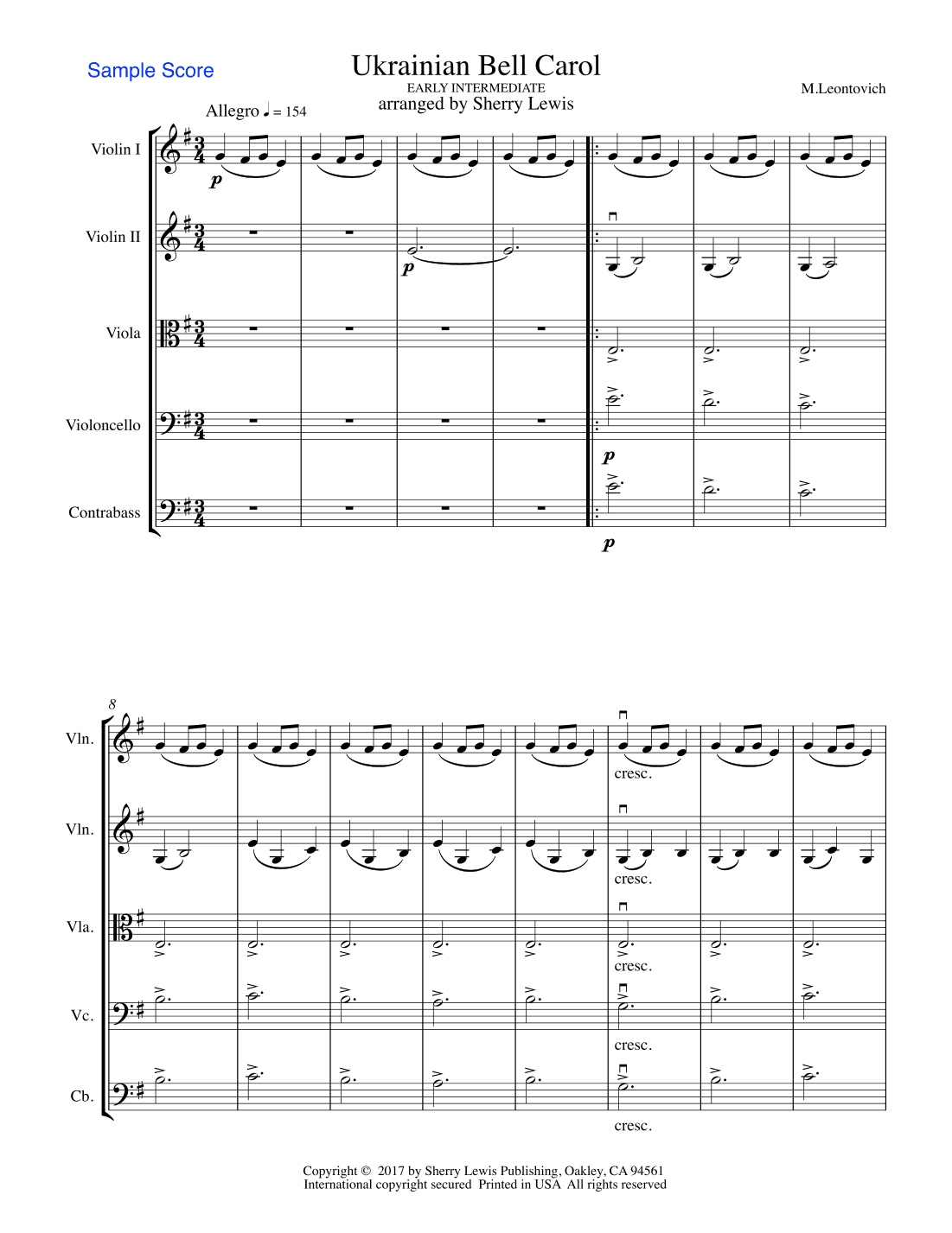UKRAINIAN BELL CAROL (Carol of the Bells) - Early Intermediate -  String Orchestra (arr. Sherry Lewis)
