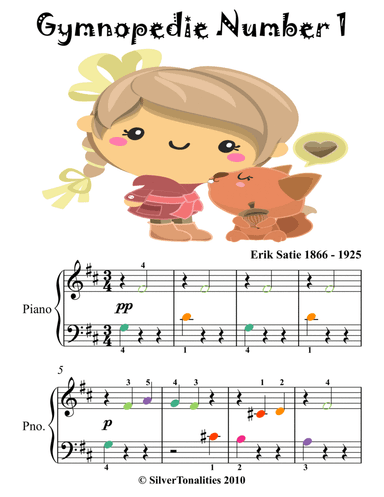 Gymnopedie Number 1 Beginner Piano Sheet Music with Colored Notes (arr. SilverTonalities)