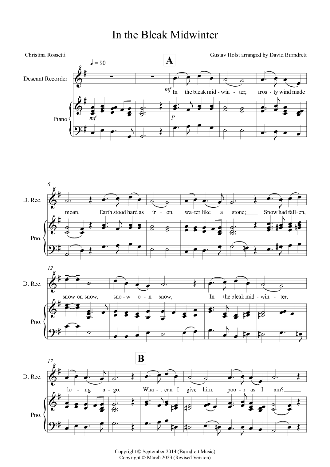In the Bleak Midwinter for Descant Recorder and Piano (arr. David Burndrett)