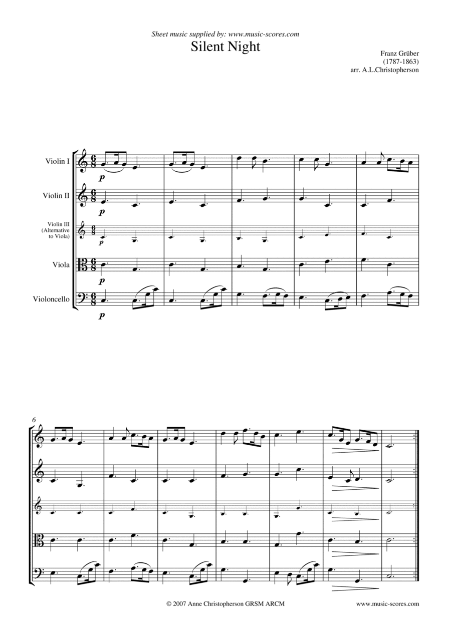 Silent Night - Mixed ensemble - String Quartet (arr. Anne L Christopherson GRSM ARCM)