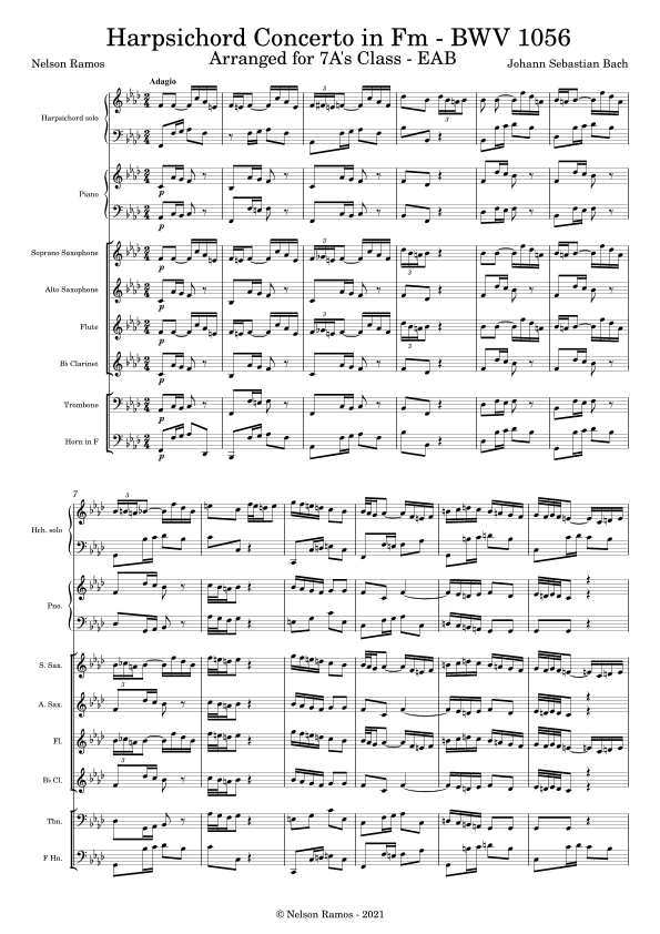 Harpsichord Concerto in Fm - BWV 1056 - Score Only (arr. Nelson Ramos)