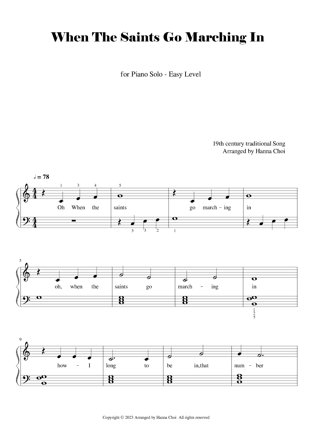 When The Saints Go Marching In - for Piano solo/Easy Level (arr. Hanna Choi)