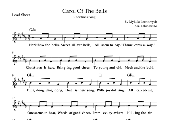 Carol Of The Bells (Christmas Song) Lead Sheet in B/G#m (arr. Fabio Britto)