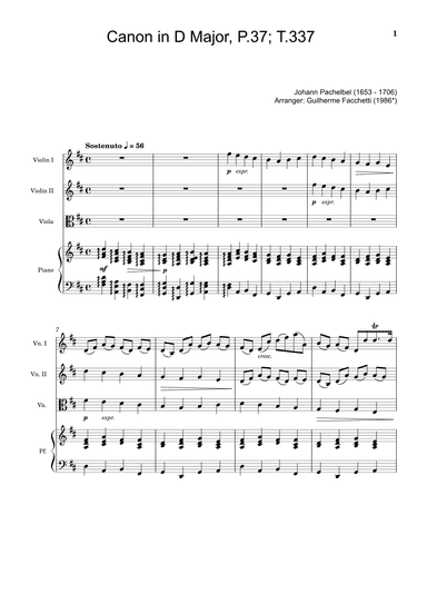 Johann Pachelbel - Canon in D Major, P.37; T.337. Arrangement for Violin Duet, Viola and Piano. (arr. Guilherme Facchetti)