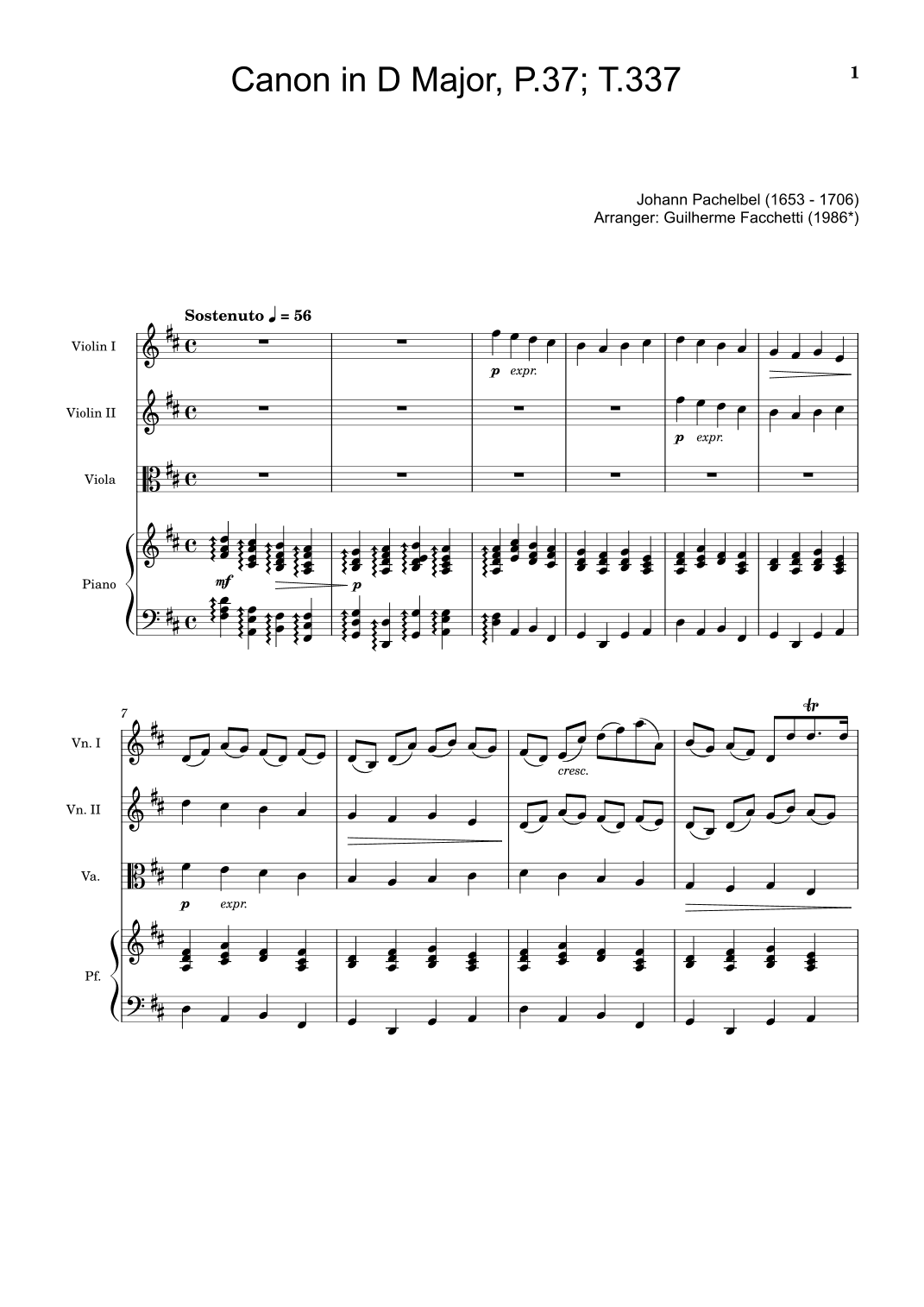 Johann Pachelbel - Canon in D Major, P.37; T.337. Arrangement for Violin Duet, Viola and Piano. (arr. Guilherme Facchetti)