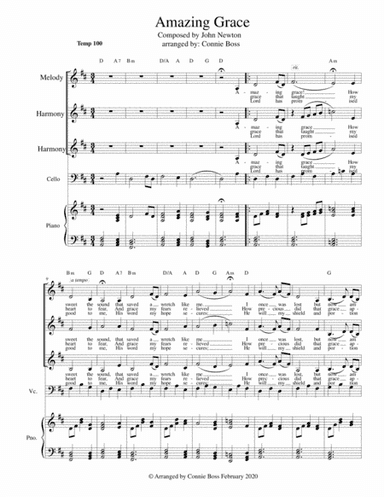 Amazing Grace - vocal trio, cello and piano in key of D - lower range (arr. Connie Boss)