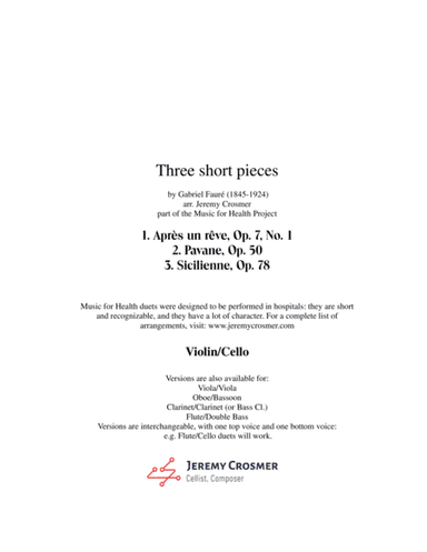 Fauré: Après un rêve, Pavane, and Sicilienne - Music for Health Duet Violin/Cello (arr. Jeremy Crosmer)