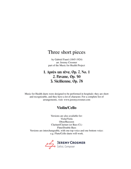 Fauré: Après un rêve, Pavane, and Sicilienne - Music for Health Duet Violin/Cello (arr. Jeremy Crosmer)