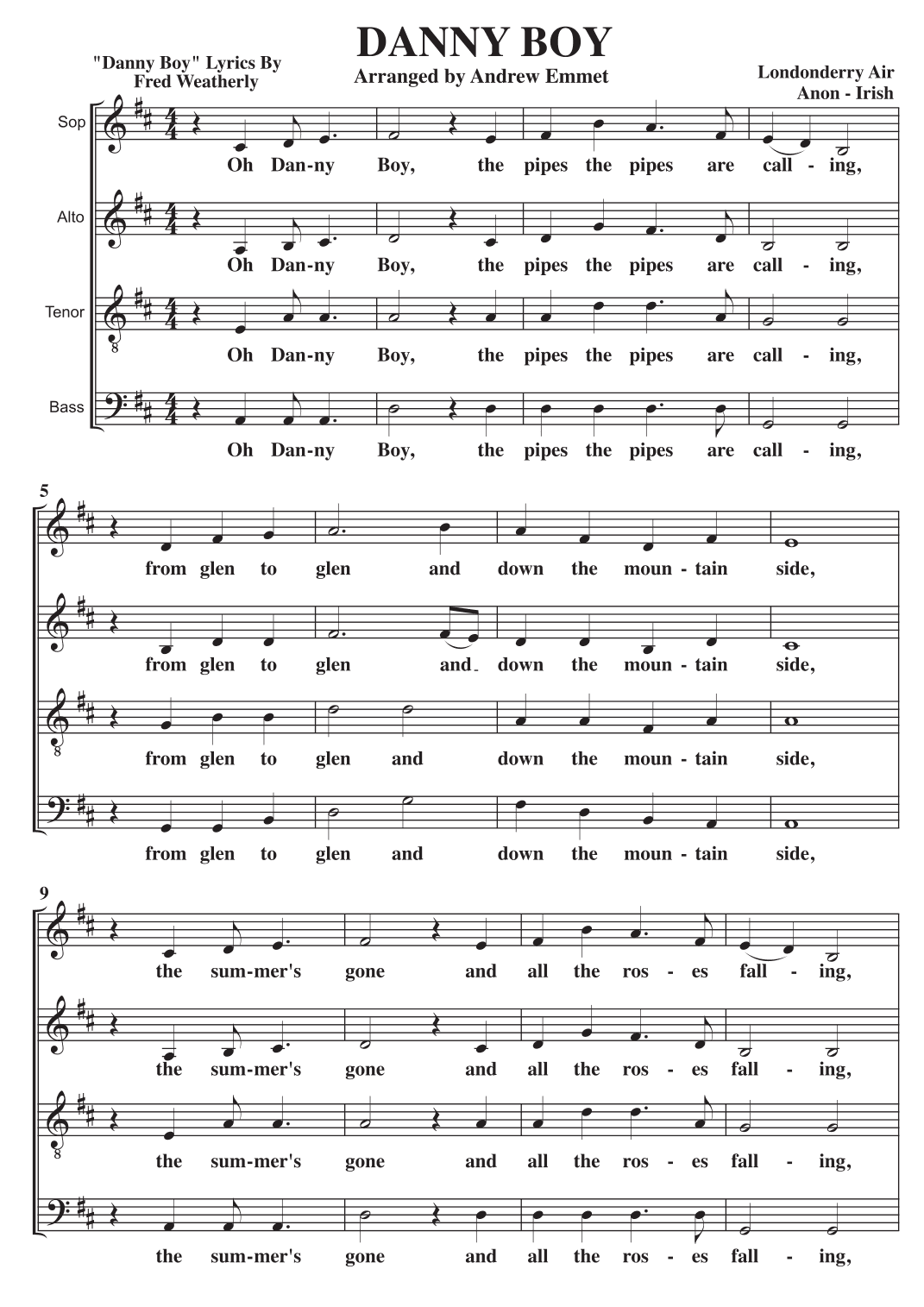 Danny Boy A Cappella SATB (arr. Andrew Emmet)