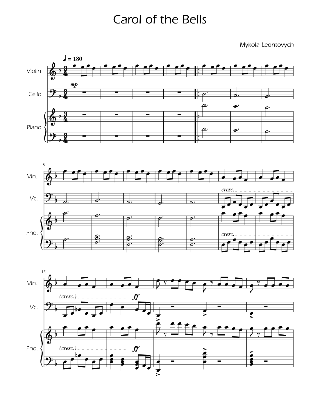 Carol of the Bells - Violin and Cello Duet w/ Piano (arr. Ygor Nunes)