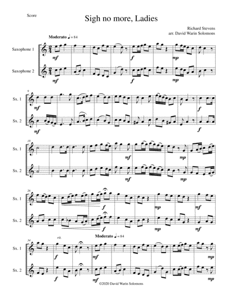 Sigh no more, Ladies for 2 saxophones (arr. David Warin Solomons)