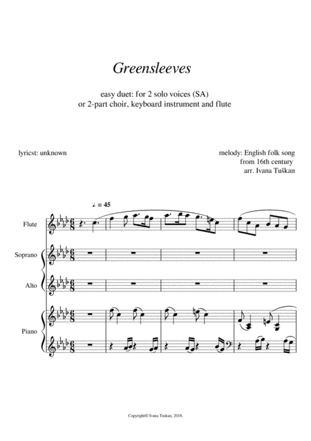 Greensleeves,  for SA, piano and flute, F minor (arr. Ivana Tuskan)