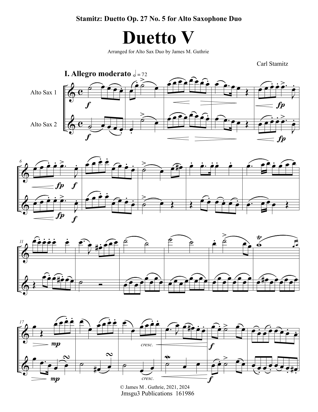 Stamitz: Duet Op. 27 No. 5 for Alto Sax Duo (arr. James M. Guthrie)