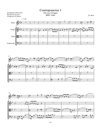 Contrapunctus I, The Art of Fugue, BWV 1080, by J.S. Bach, arranged for Flute and String Trio (arr. J.W. Carter)