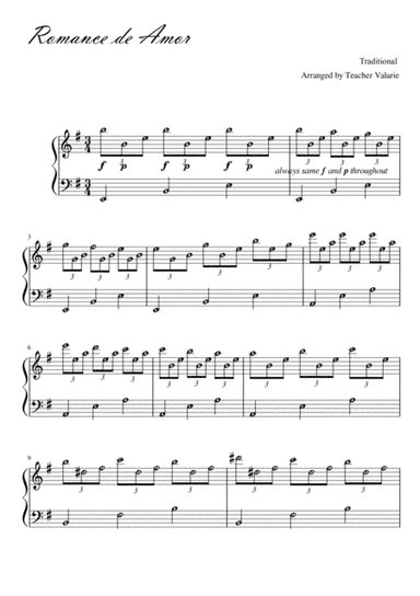 Romance De Amor - Piano Solo (with note names) (arr. Harmony Valarie @ Teacher Valarie)