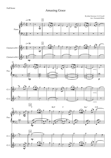 Amazing Grace (John Newton, E. O. Excell) for Clarinet in Bb Duo and Piano Accompaniment with Chords (arr. Fernando Britto)