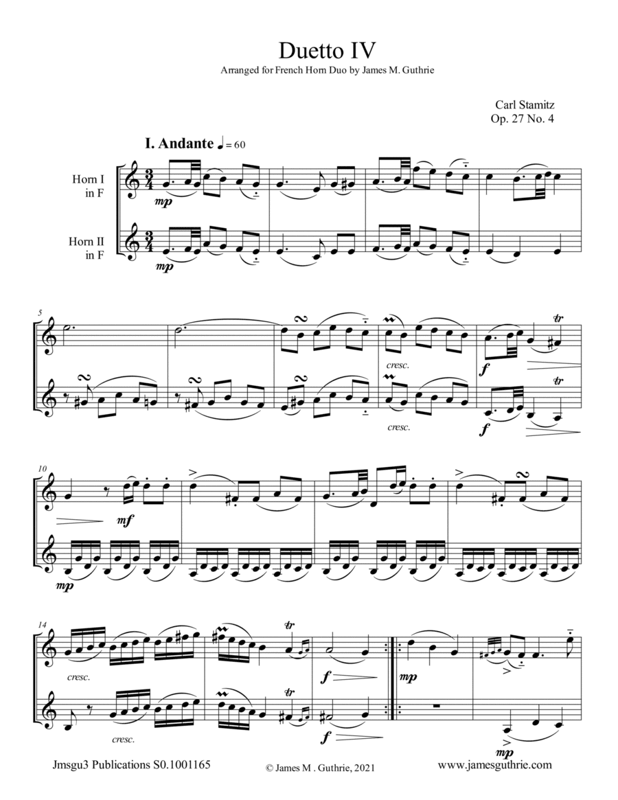 Stamitz: Duet Op. 27 No. 4 for French Horn Duo (arr. James M. Guthrie)
