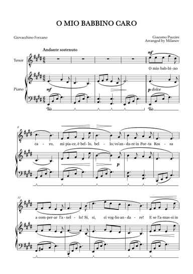 O Mio Babbino Caro | Male Voice Tenor | E Major | Piano accompaniment | Pedal (arr. Milanov)