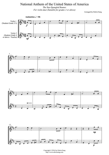 National Anthem of the United States of America (for violin duet, suitable for grades 2-5) (arr. Edwin Sung)
