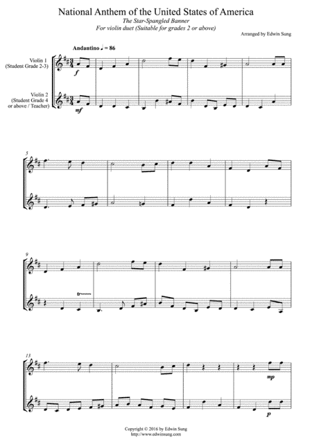 National Anthem of the United States of America (for violin duet, suitable for grades 2-5) (arr. Edwin Sung)