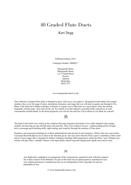 40 Graded Flute Duets (Grades 1-5) in various styles (Ragtime, Classical, Baroque, Comedy, Jazz, and