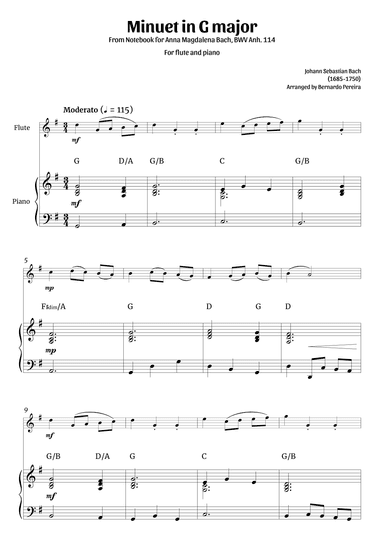 Minuet in G major (flute and piano – clean with chords) (arr. Bernardo Pereira)