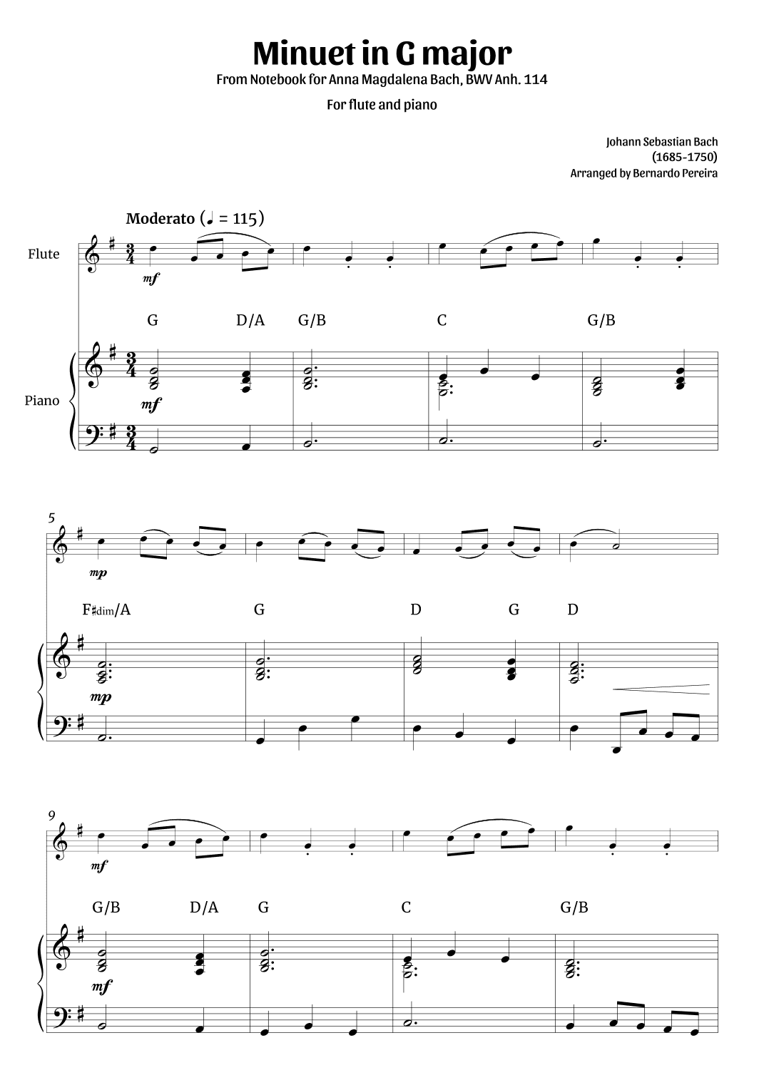 Minuet in G major (flute and piano – clean with chords) (arr. Bernardo Pereira)