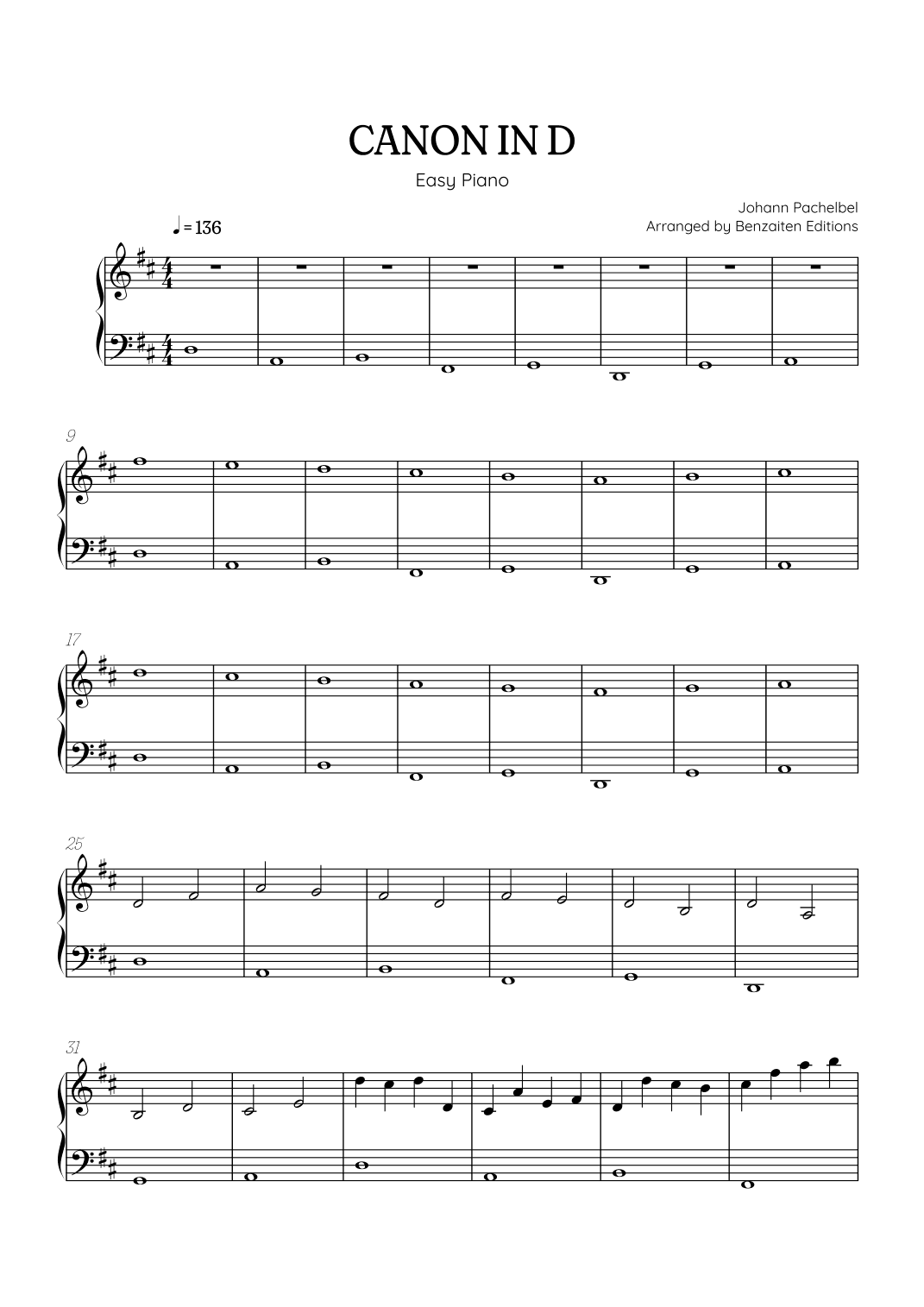Pachelbel Canon in D • easy piano sheet music (arr. Benzaiten Editions)