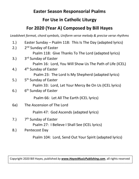 2020 Easter Season Responsorial Psalms for Year A; (9 psalms)