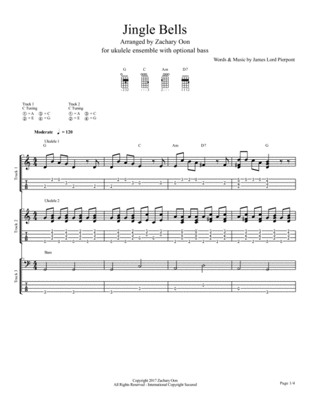 Jingle Bell for ukulele ensemble with optional bass (arr. Zachary Oon)
