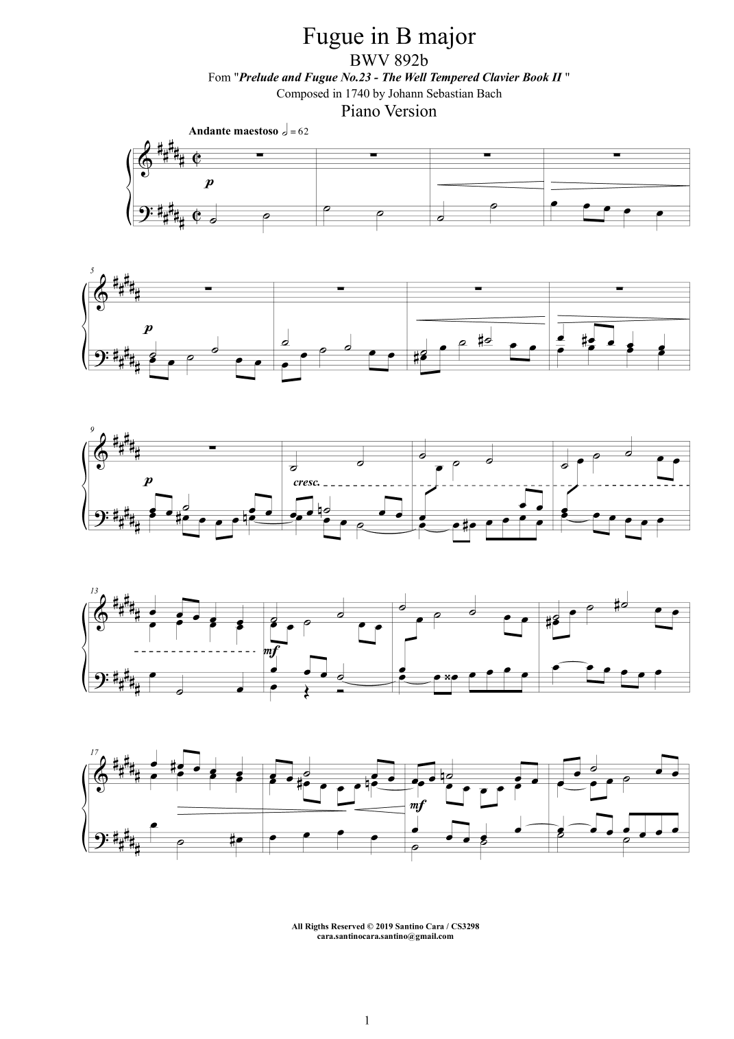 Bach - Fugue in B major BWV 892b - Piano version (arr. Santino Cara)