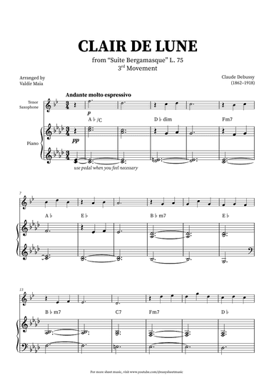 Clair de Lune - Tenor Sax and Piano + CHORDS (arr. Valdir Maia)