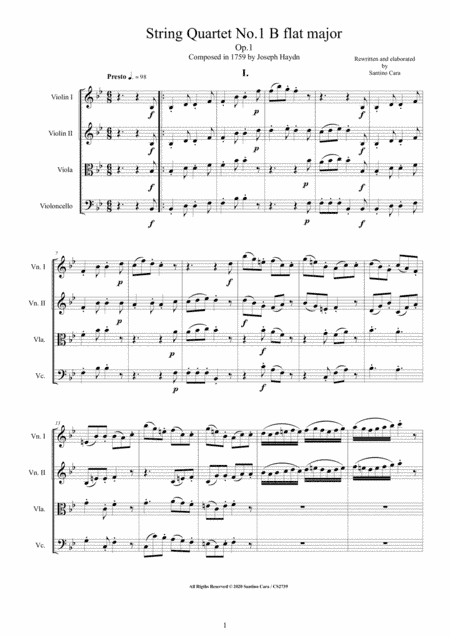 Haydn - String Quartet No.1 in B flat major Op.1 - Complete Score and Parts (arr. Santino Cara)
