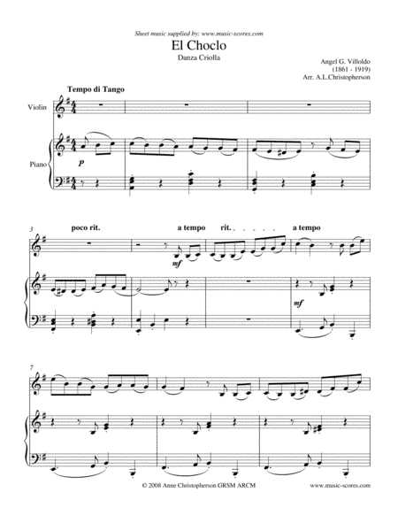 El Choclo - Easy Violin and Piano (arr. Anne Christopherson GRSM ARCM)