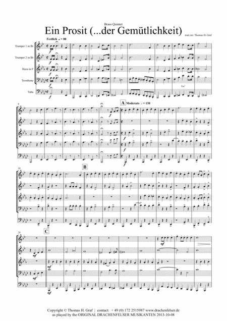 Ein Prosit - German Folk Song - Oktoberfest - Brass Quintet (arr. Thomas H. Graf)