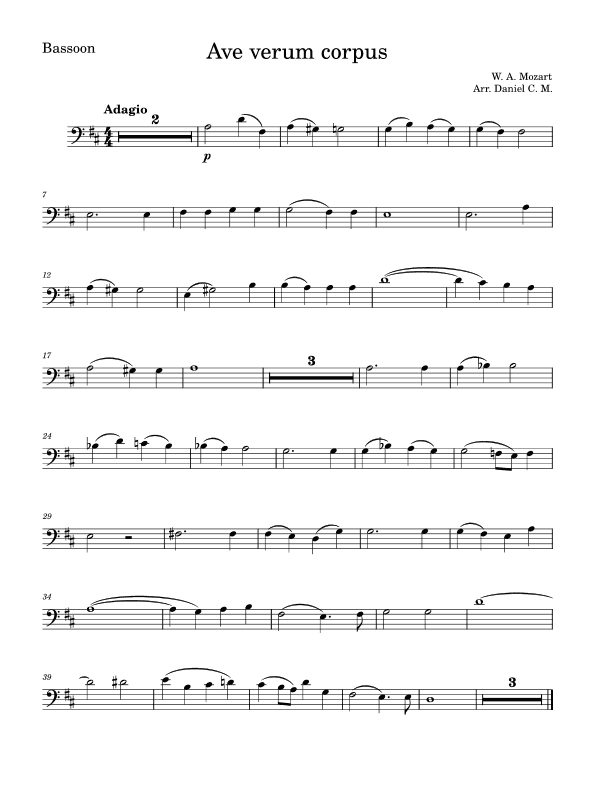 Ave Verum Corpus for bassoon (easy) (arr. Daniel C. M.)
