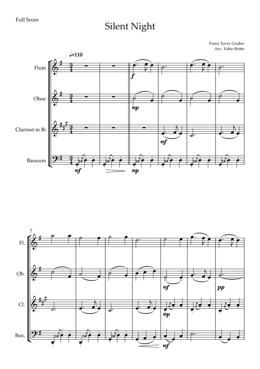 Silent Night (Christmas Song) for Woodwind Quartet (arr. Fabio Britto)
