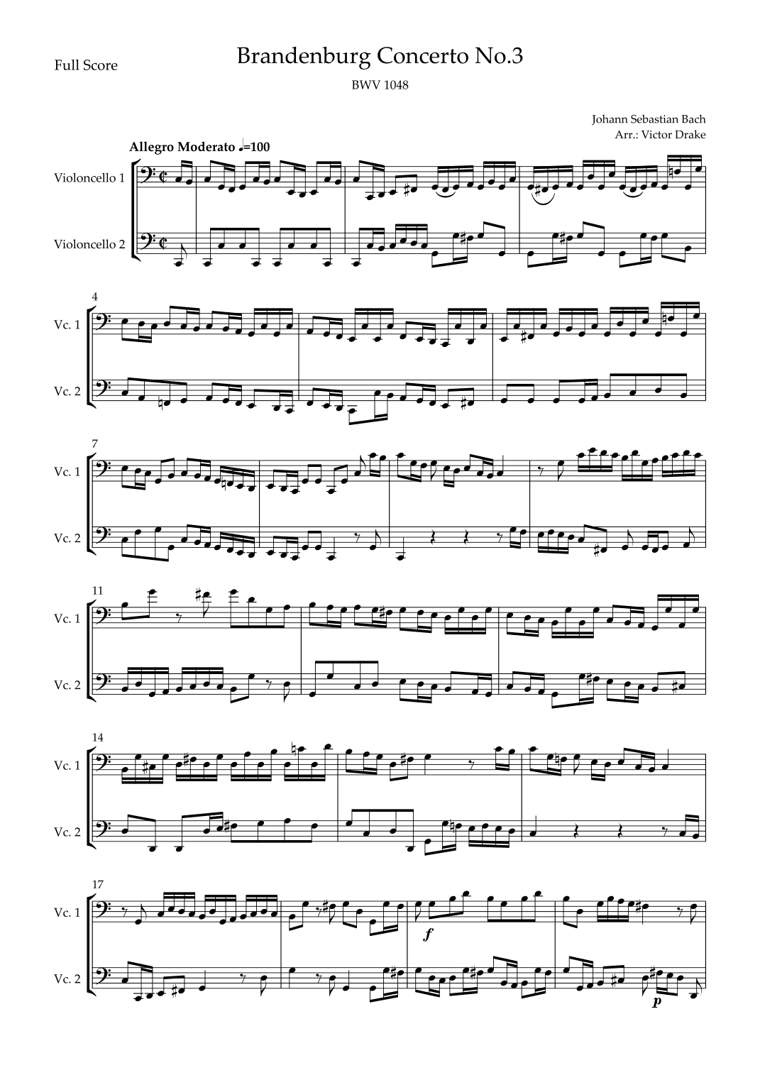 Brandenburg Concerto No. 3 in G major, BWV 1048 1st Mov. (J.S. Bach) for Cello Duo (arr. Victor Drake)