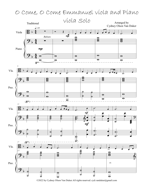O Come, O Come Emmanuel  viola and piano (arr. Cydney Olson Van Duker)