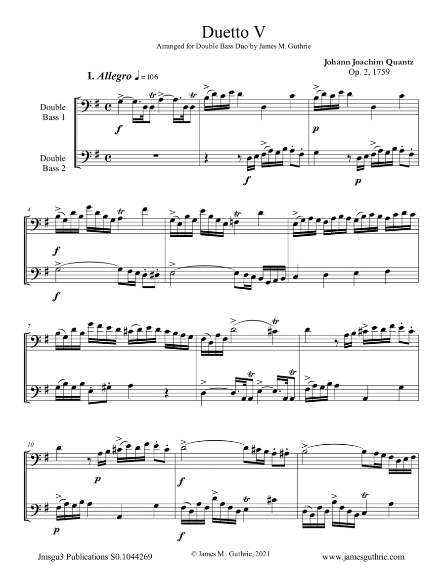 Quantz: Duetto Op. 2 No. 5 for Double Bass Duo (arr. James M. Guthrie)