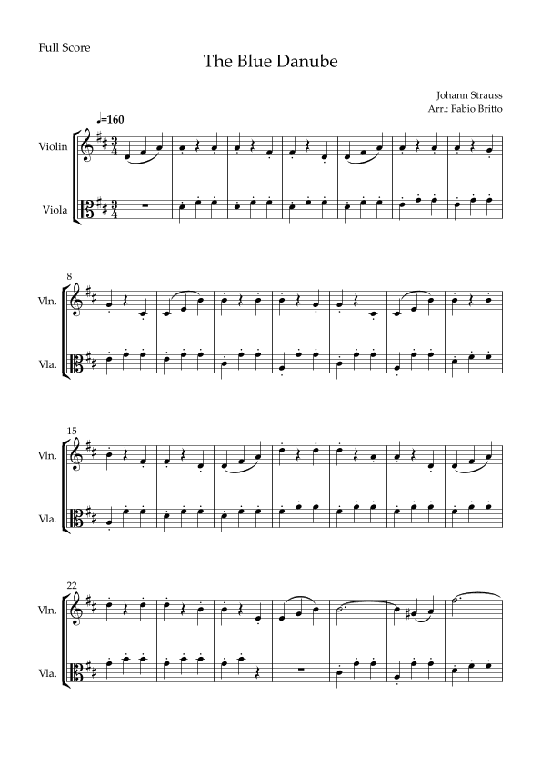 Blue Danube (Waltz by Johann Strauss) for Violin & Viola Duo (arr. Fabio Britto)