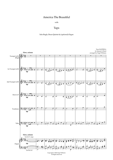 America The Beautiful, with TAPS (Military Bugle call), for Bugle, Brass Quintet and (opt) Organ (arr. Nigel Williams)