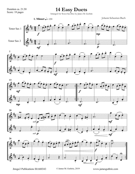 Bach: 14 Easy Duets for Tenor Sax Duo (arr. James M. Guthrie, ASCAP)