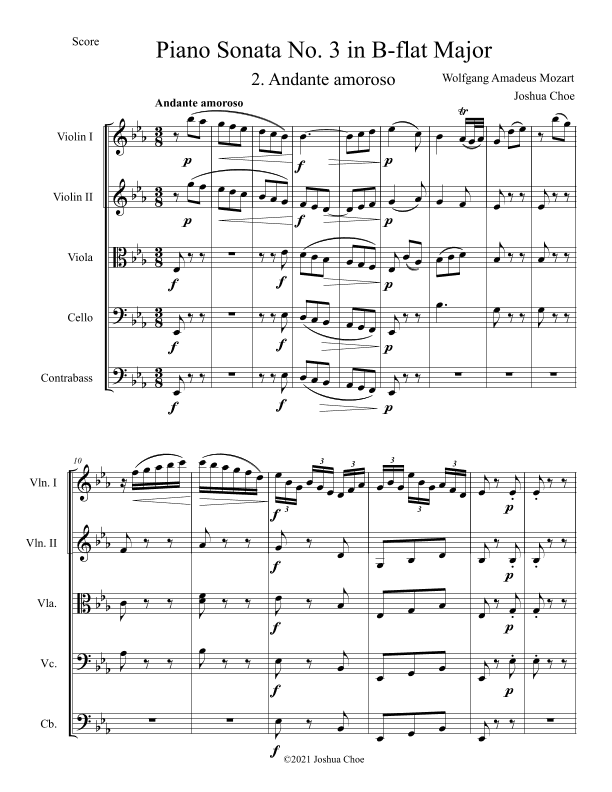 Piano Sonata No. 3 in B-Flat Major, Movement 2 (arr. Joshua Choe)