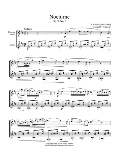 Nocturne Op. 9 No. 2 for violin or flute and guitar (abridged) (arr. K. Krantz)